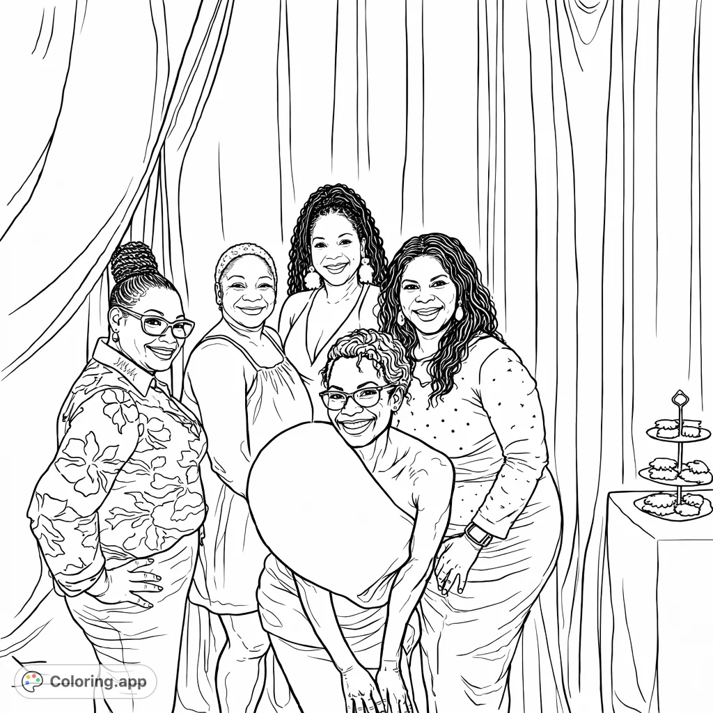 Capture the warmth of friendship with five smiling women in festive attire, against a draped backdrop with treats. A perfect celebration coloring page.