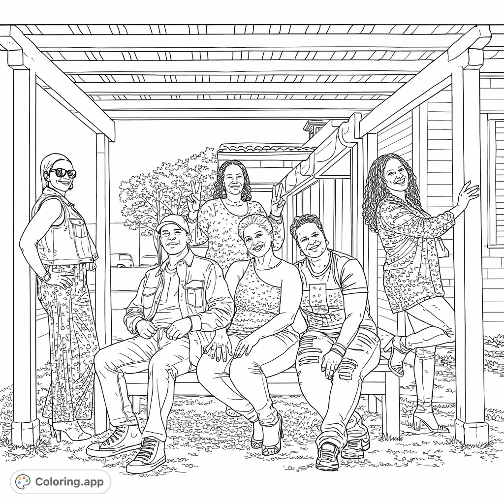 Capture a lively scene with six friends posing stylishly under a charming pergola. This social gathering coloring page invites creativity and celebrates friendship.
