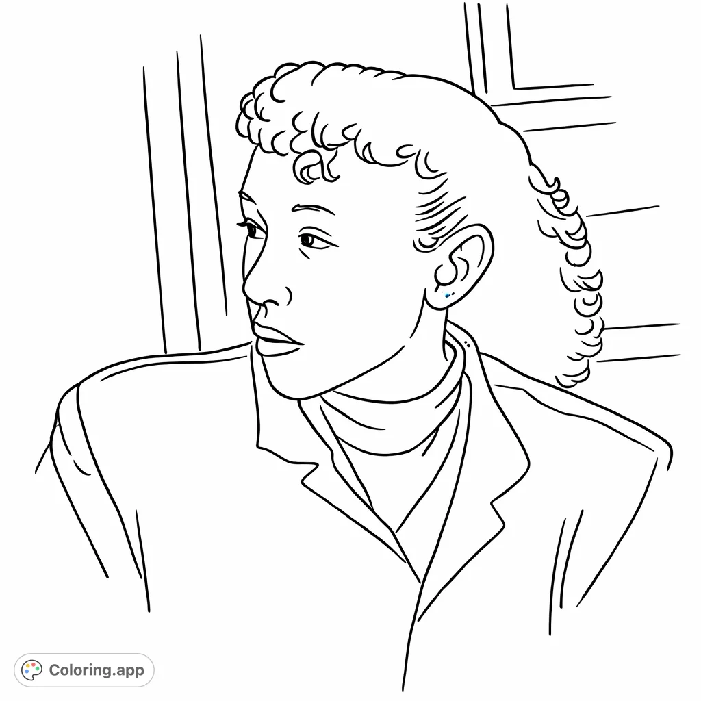 A classic portrait of a pensive figure with distinct hair and high-collared attire, offering a serene and focused coloring experience for all ages.