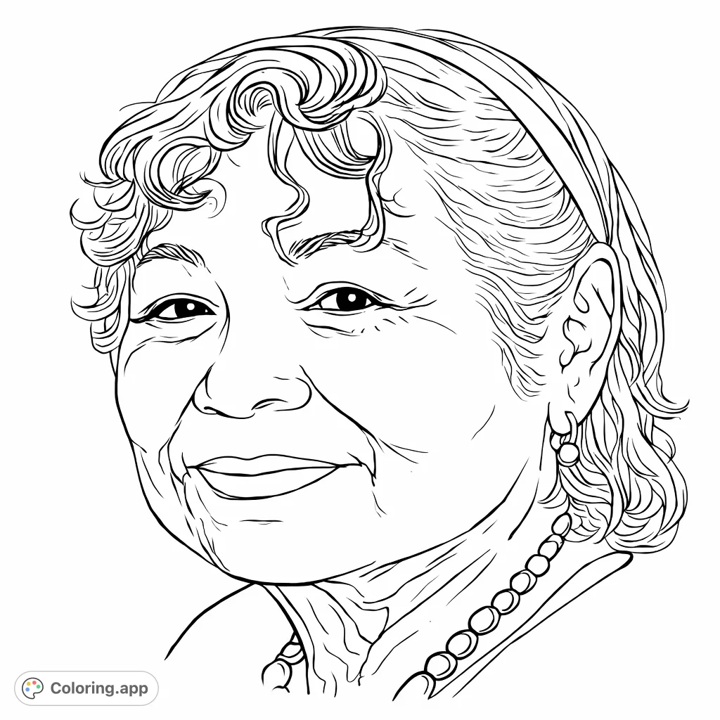 A heartfelt portrait of an older woman with a gentle expression, perfect for contemplative coloring and practicing detailed facial features.
