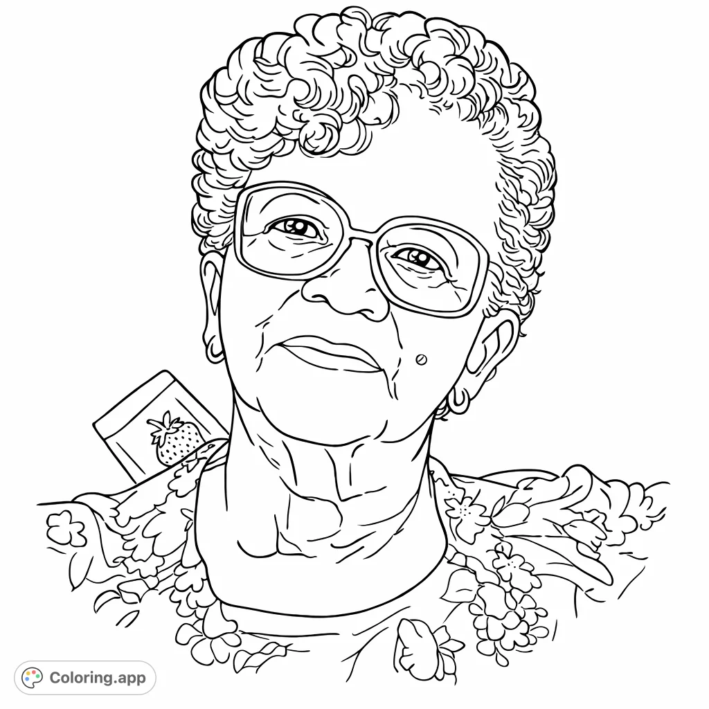 A thoughtful portrait of an elderly woman with curly hair and eyeglasses, featuring gentle expression and patterned attire. A heartwarming portrait coloring page.