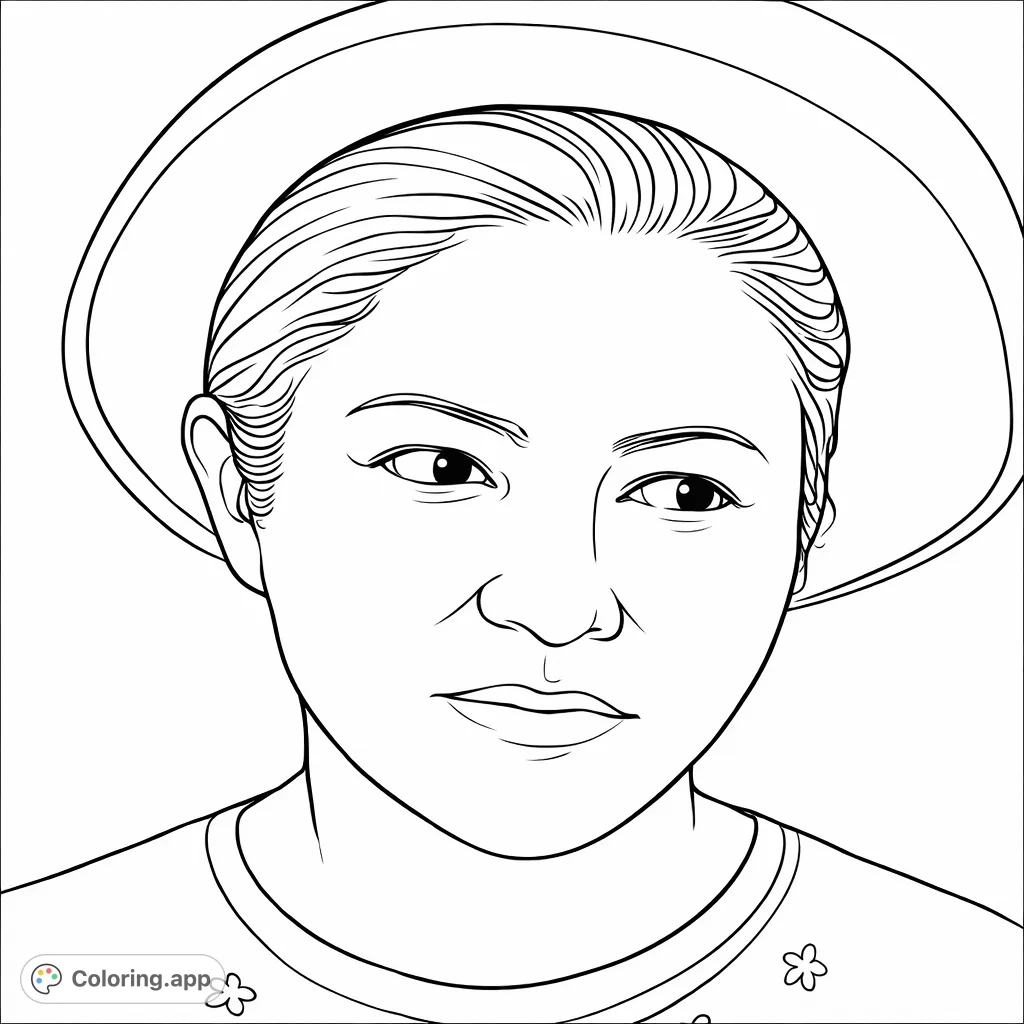 A striking portrait of a woman wearing a distinctive wide-brimmed hat, perfect for a captivating portrait coloring page. Explore details in her features and clothing.