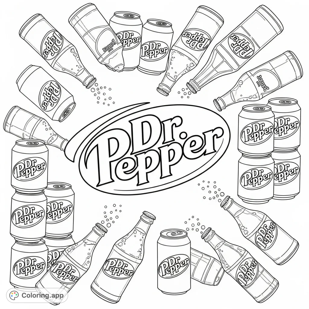 A vibrant Dr. Pepper coloring page featuring the iconic logo surrounded by a lively assortment of cans, bottles, and effervescent bubbles.