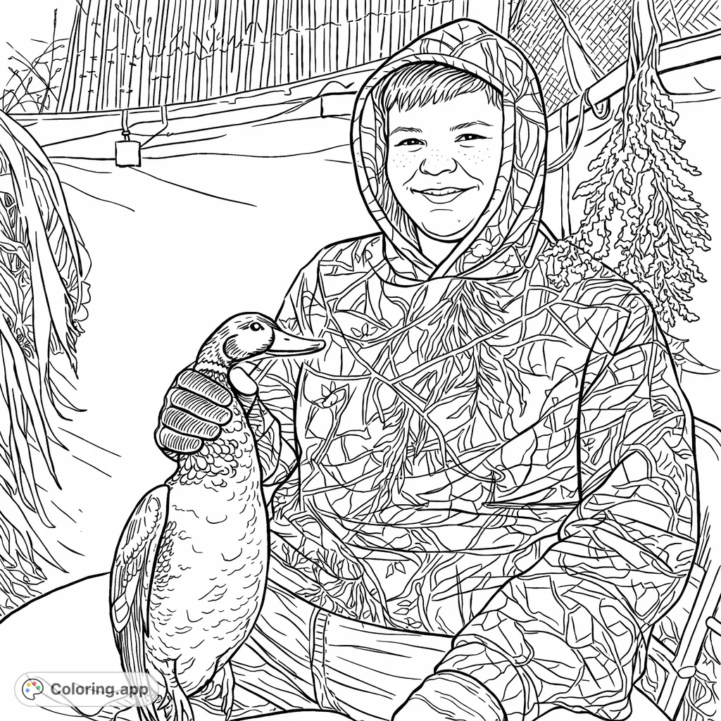 A young person in camouflage holds a freshly caught duck in an outdoor hunting blind. This hunting coloring page is perfect for nature and wildlife enthusiasts.