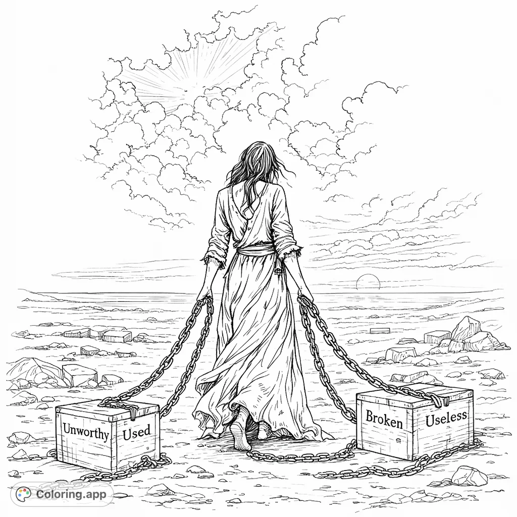 Journey with a figure carrying symbolic burdens across a vast, desolate landscape under a dramatic sky. A reflective and engaging coloring experience.