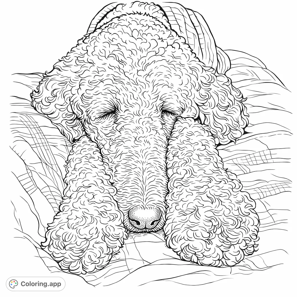 Unwind with this delightful dog coloring page! A furry friend rests peacefully on a patterned quilt, offering a charming scene for colorists of all ages.