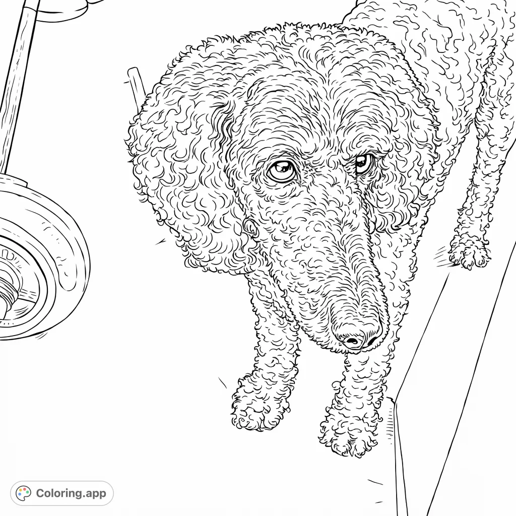 A realistic dog coloring page featuring a curly-furred companion looking up with an expressive gaze. Perfect for pet lovers.