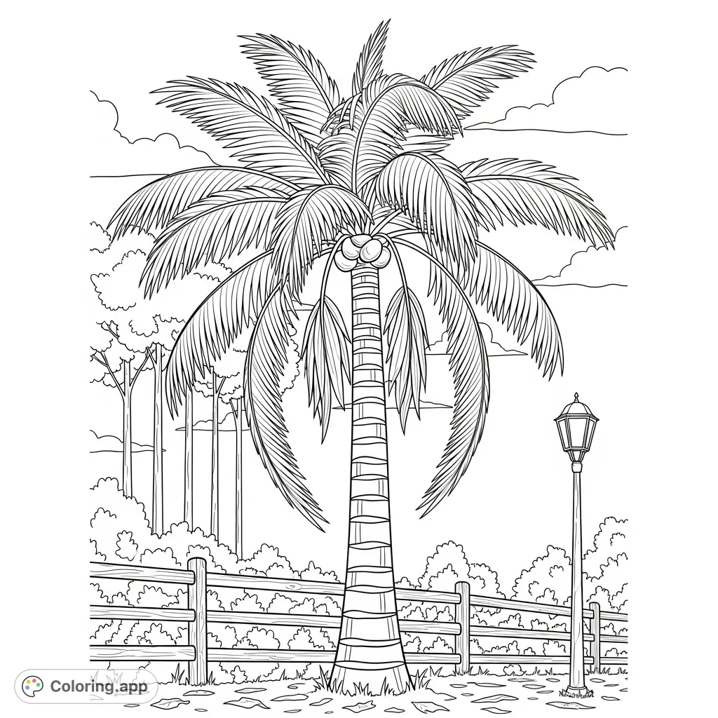 Discover a serene palm tree scene featuring a textured trunk, fanned fronds, a rustic fence, and a classic street lamp. Perfect for nature enthusiasts!