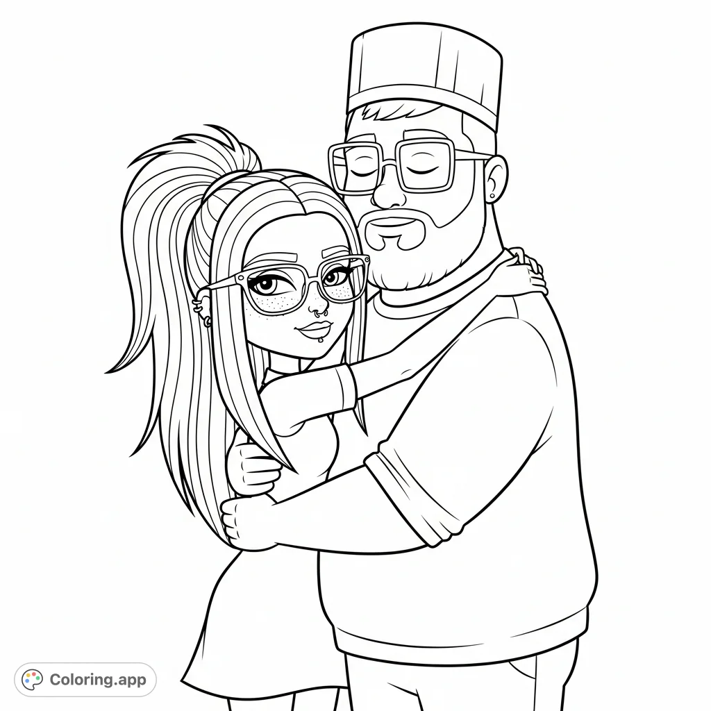 A modern girl with glasses, piercings, and a messy ponytail warmly hugs a tall, bearded guy wearing square glasses, a short beard, and a unique square hat.