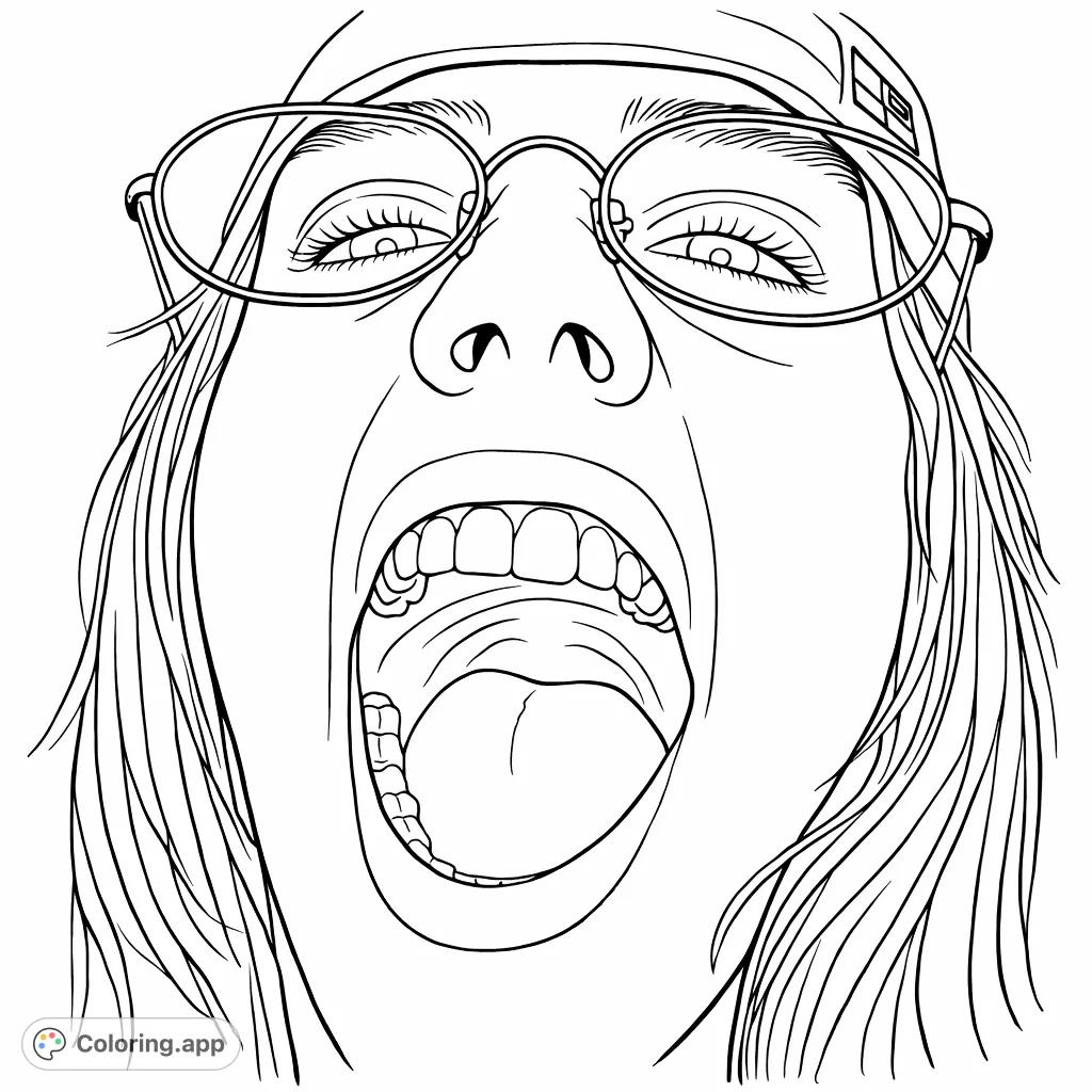 Capture an expressive close-up portrait with a wide open mouth and spectacles. A unique face coloring page for dynamic creativity.
