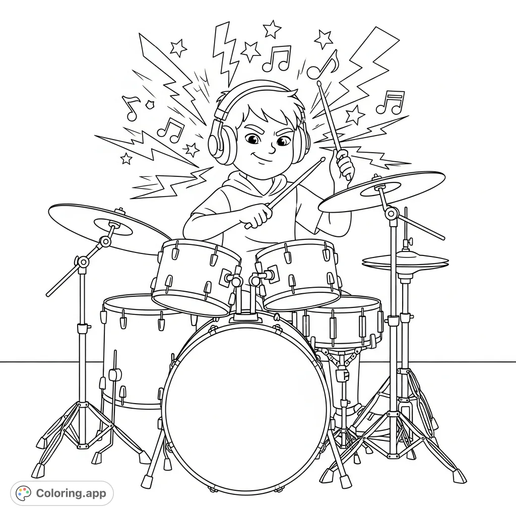 A dynamic coloring page featuring a middle school boy with a cute smirk, intensely playing a classic drum set, headphones on, against a rock and roll wall.