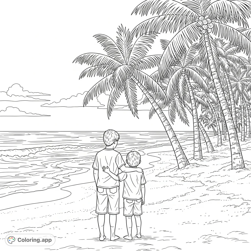 Two boys stand on a serene beach, backs to viewer, observing lush palm trees and the expansive ocean. A relaxing scene for all ages.