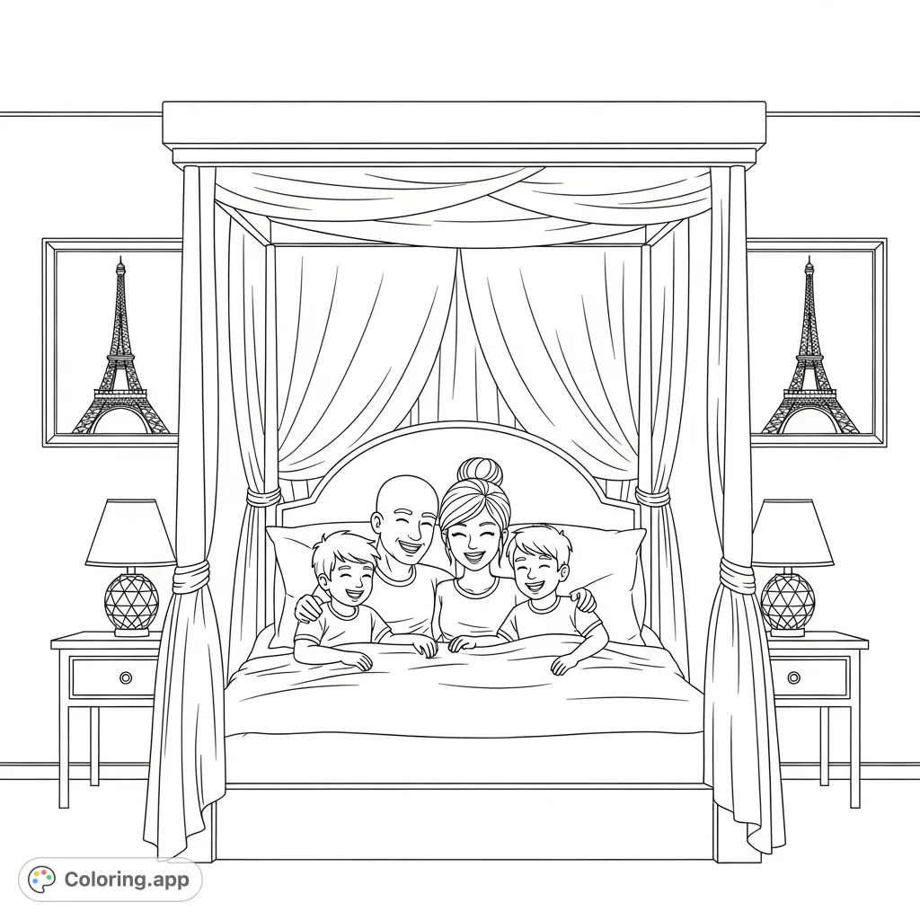 Discover a heartwarming family bedroom coloring page featuring a snuggling family of four in a canopy bed, with Eiffel Tower art and cozy details.