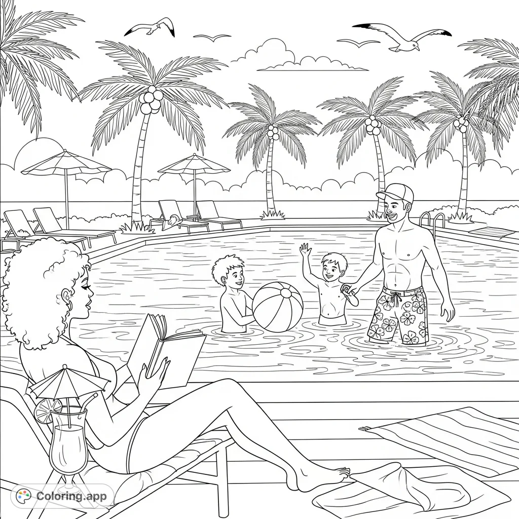 Dive into a lively hotel pool resort scene featuring a relaxing mom, playful kids, and dad, surrounded by palm trees and beach essentials. A perfect family vacation coloring page.