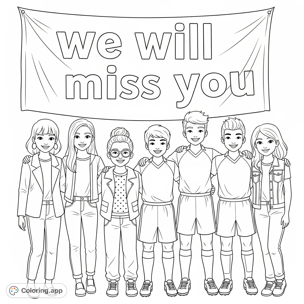 A heartfelt middle school friends farewell coloring page featuring seven smiling friends, four girls and three boys, standing arm in arm before a 'we will miss you' banner.