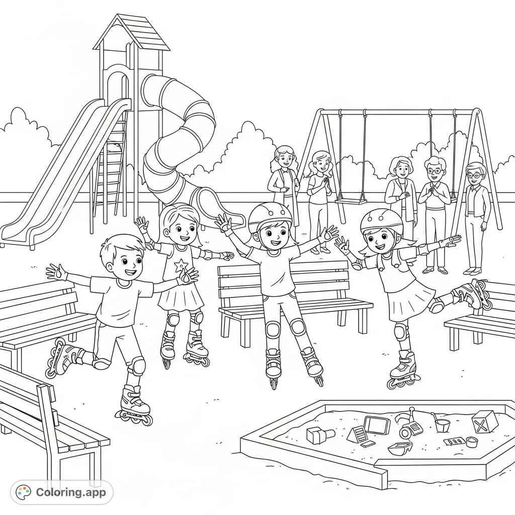 Capture the excitement of rollerblading at a vibrant playground with this free printable coloring page featuring happy kids and admiring onlookers!