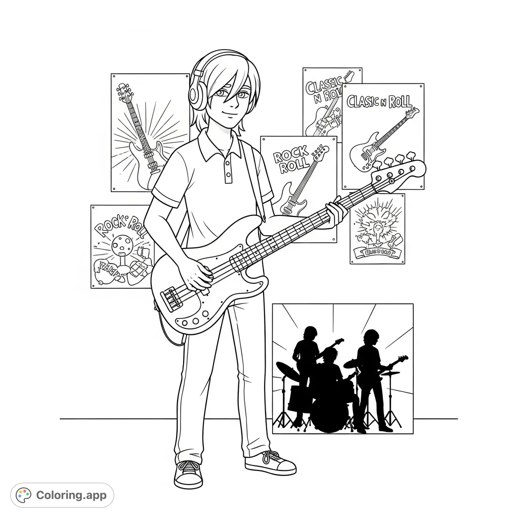 A cool middle schooler rocks out on his bass guitar, headphones on, against a background of music posters and bandmate silhouettes. Perfect for music lovers!