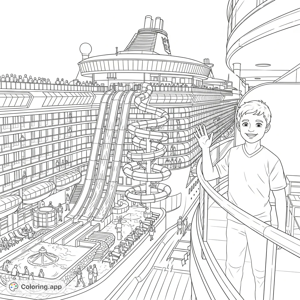 Set sail on an adventure! This Royal Caribbean cruise ship coloring page features exciting water slides and a waving teenage boy, perfect for travel enthusiasts.