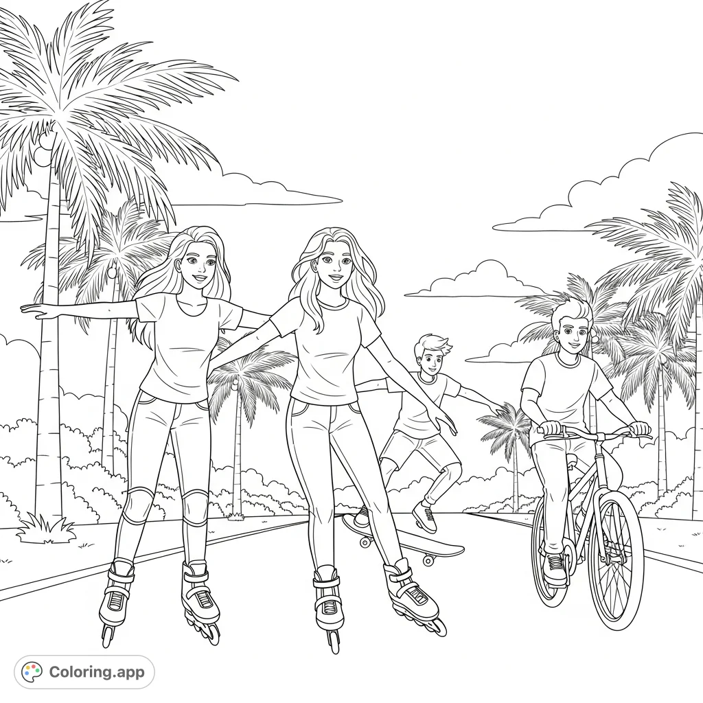 Capture the vibrant energy of teens rollerblading, skateboarding, and biking under palm trees. A dynamic scene of friendship and outdoor adventure.