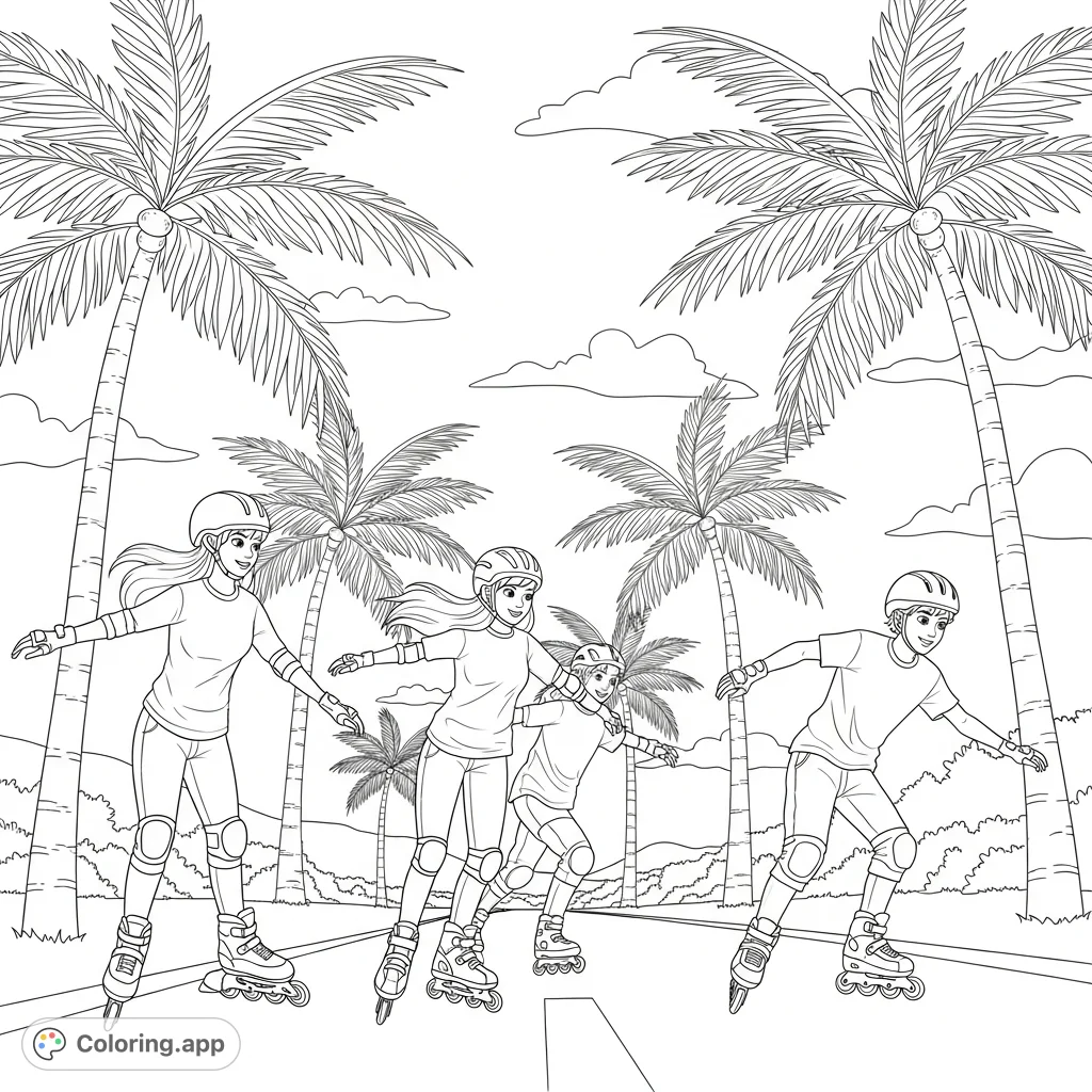 An exciting rollerblading coloring page featuring four teens, palm trees, and an open sky, perfect for creative expression. A fun, free printable!