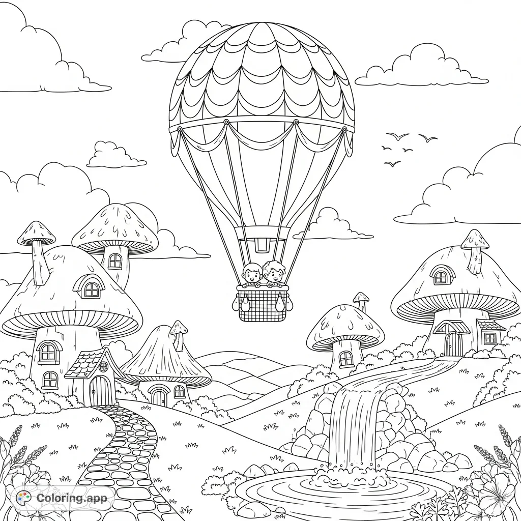 Soar above a charming, whimsical village in a grand, intricately patterned hot air balloon. Discover mushroom-roofed cottages, winding paths, and a serene waterfall.