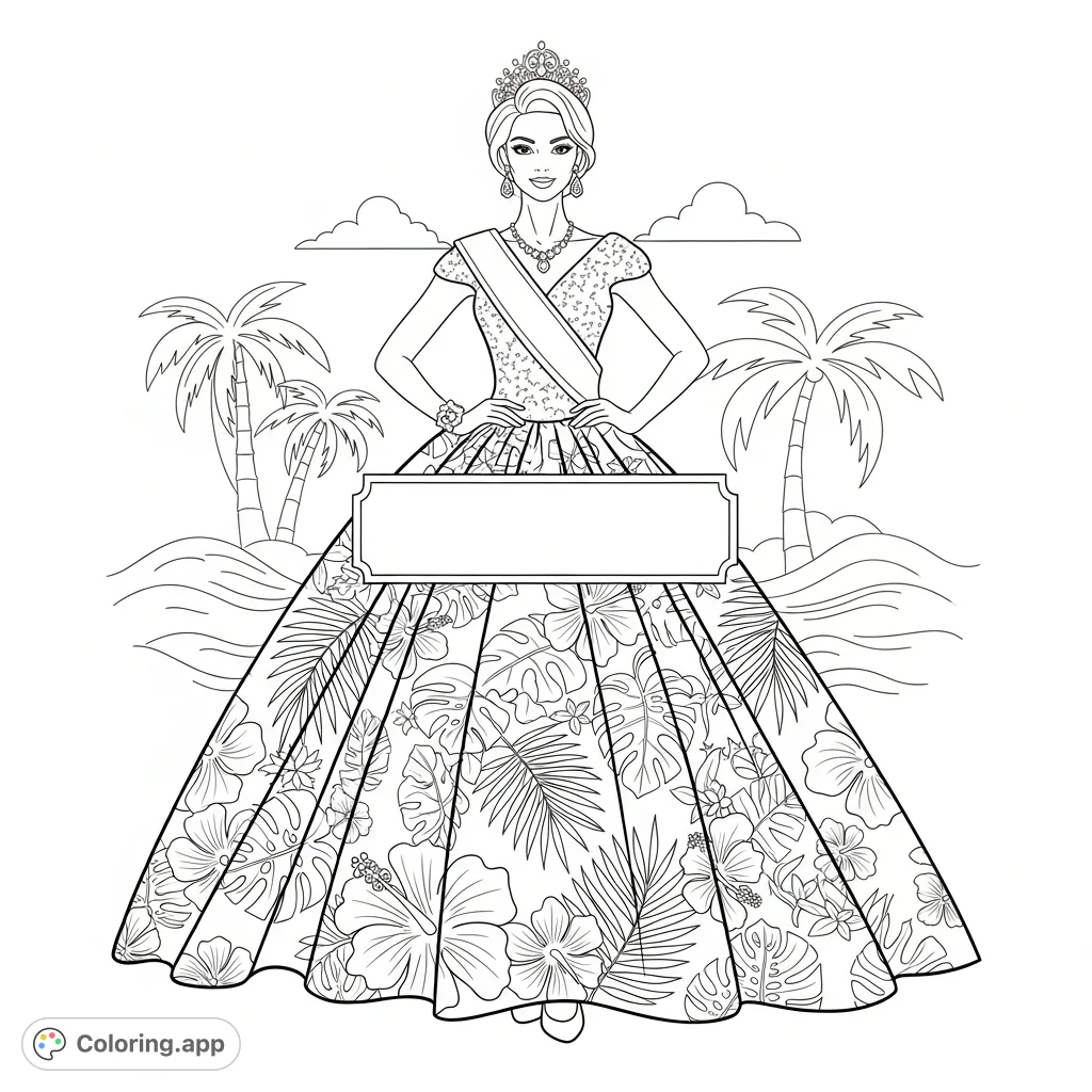 Design your own tropical pageant gown. A graceful woman in an elegant dress with a blank banner and intricate island-inspired patterns awaits your creative touch.