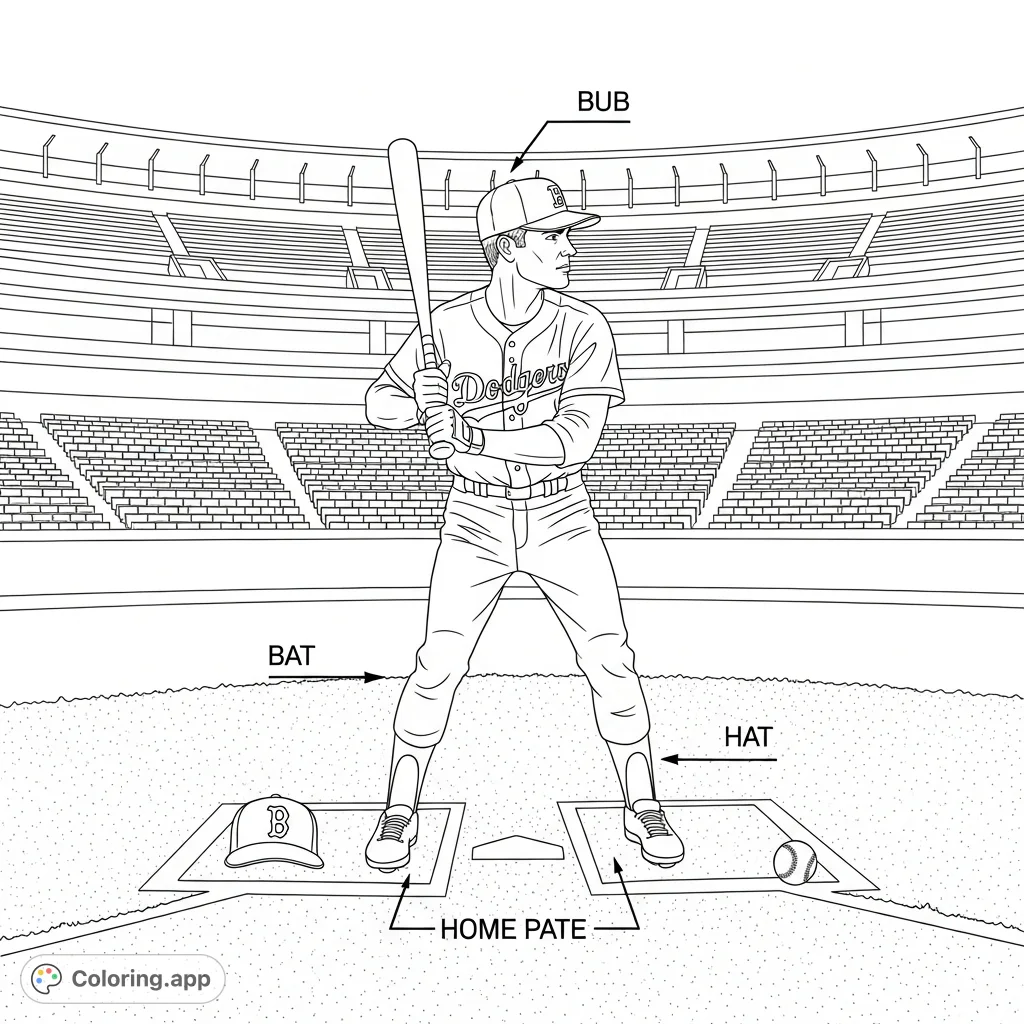 Dynamic baseball player in a classic batting stance, ready for action on a dirt field with stadium stands. Features 'B' cap and 'Dodgers' jersey.