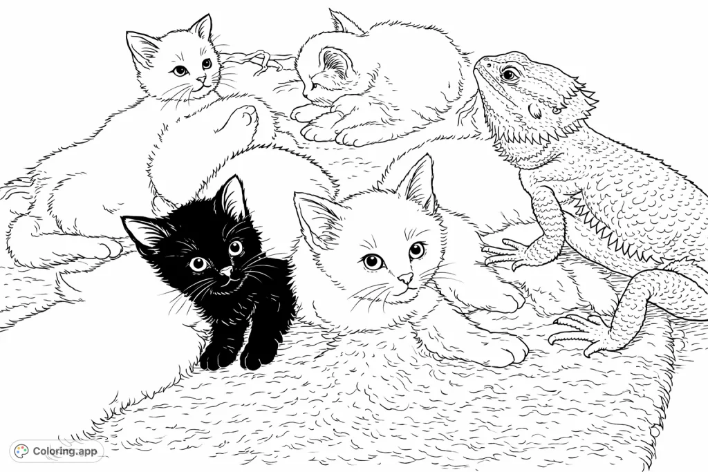A heartwarming animal friendship scene with playful kittens and a majestic bearded dragon sharing a cozy space. Perfect for animal lovers of all ages!