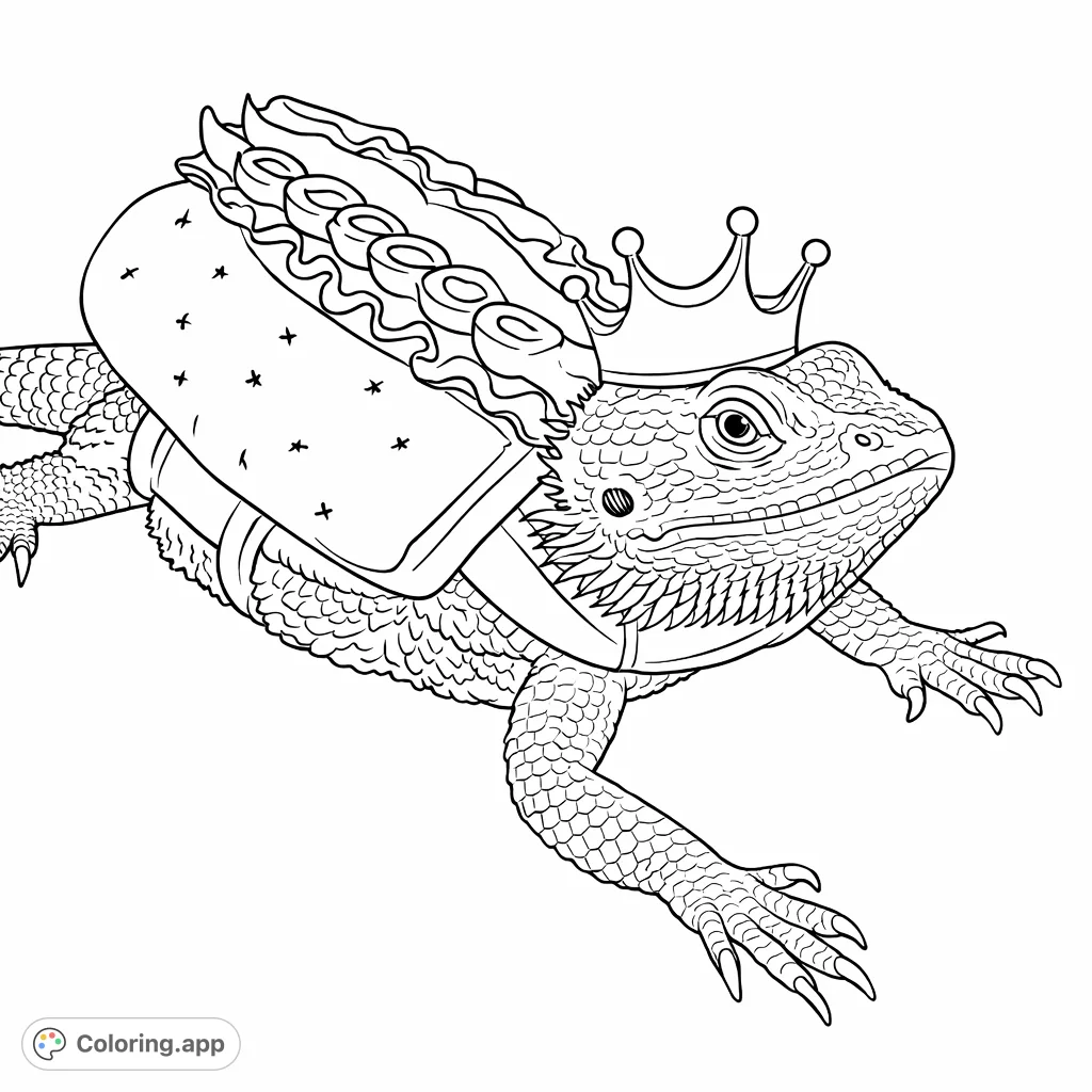 An adorable bearded dragon dressed in a whimsical hot dog costume with a tiny crown. This funny creature offers a delightful and detailed coloring challenge.