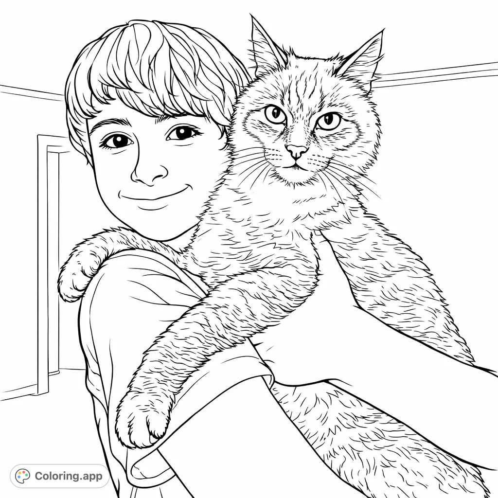 Capture a heartwarming moment of a boy gently holding his feline companion. This charming coloring page is perfect for animal lovers to bring to life with creative shades.
