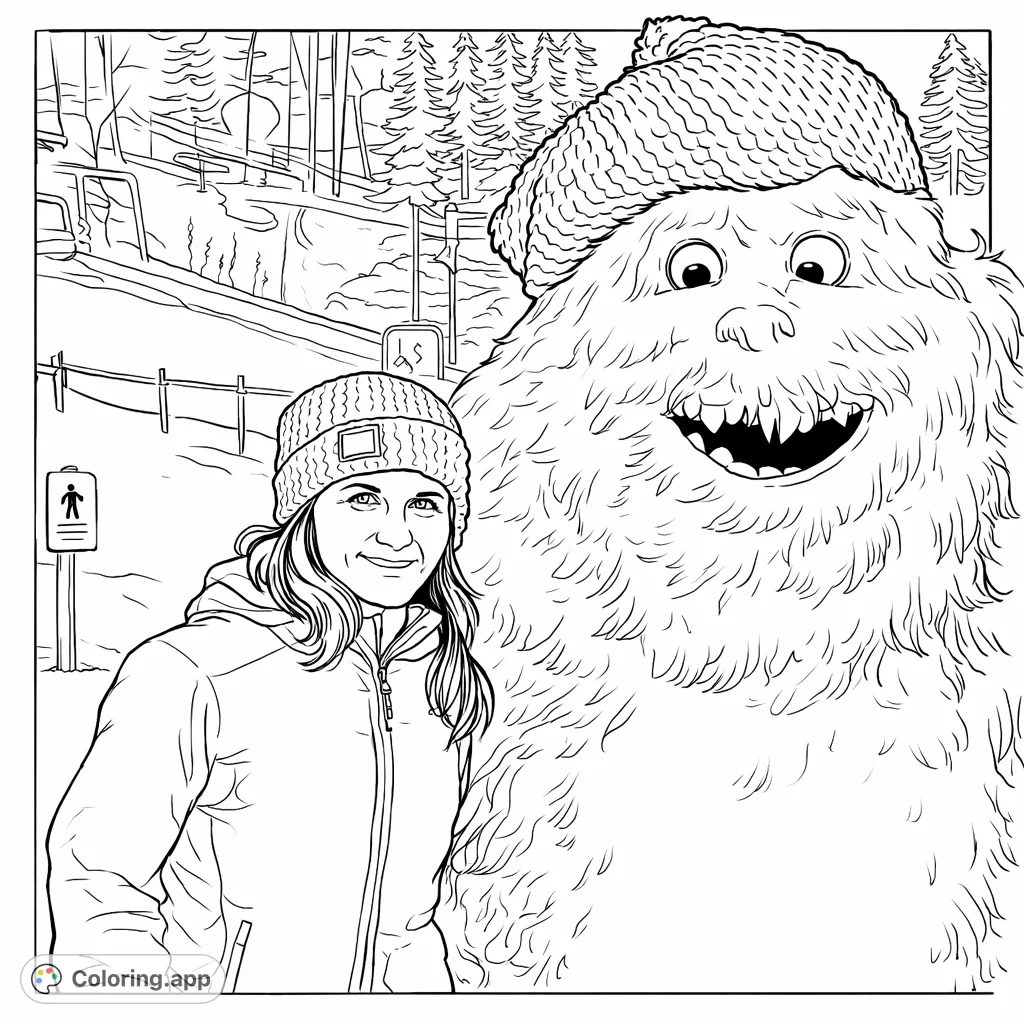 Encounter a friendly Yeti in a snowy winter scene! This fun coloring page features a person and a large, furry character against a ski resort backdrop.