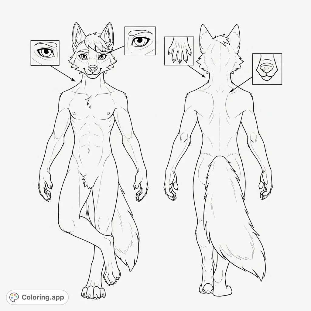 Explore a youthful anthro wolf character with a detailed reference sheet. Features frontal, rear, and inset views of expressive eyes, snout, and paw.