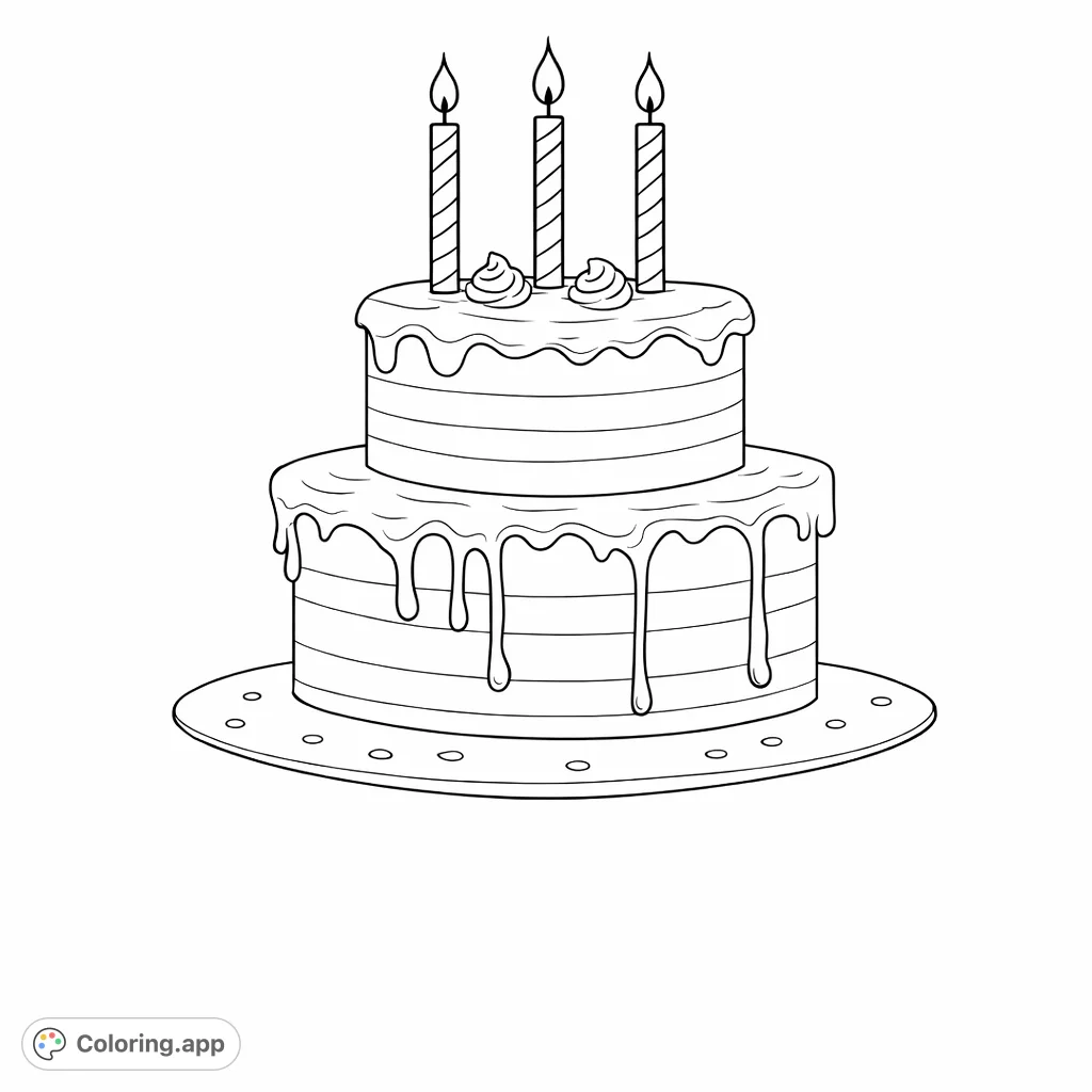 Celebrate any occasion with this delightful two-tier cake featuring dripping frosting, striped candles, and delicate decorations. Perfect for joyful coloring!
