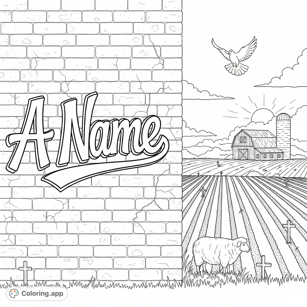 A unique coloring page featuring stylized graffiti 'A Name' on a textured brick wall, overlooking a serene rural landscape with a barn, sheep, and subtle symbolic elements.