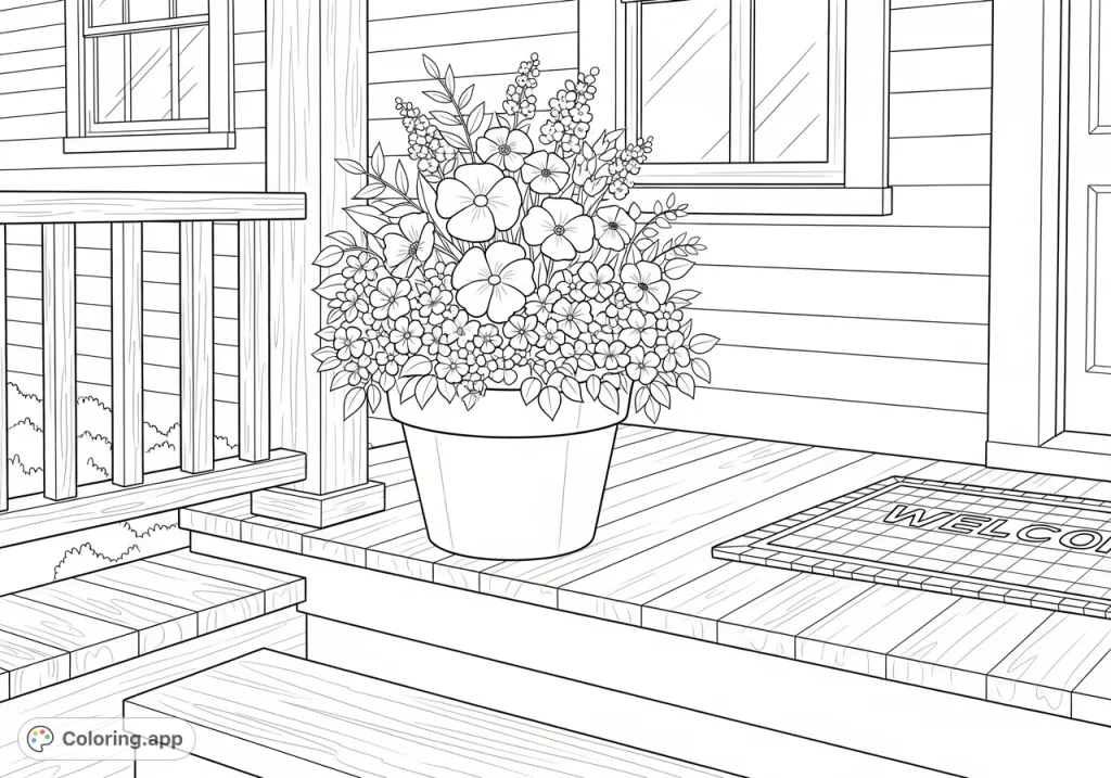 A charming pot of diverse flowers rests on a welcoming wooden front porch, complete with architectural details and a cozy atmosphere, perfect for a relaxing coloring session.