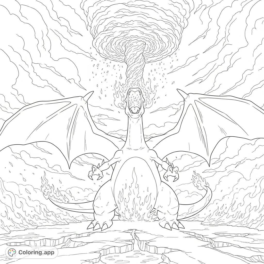 Experience the immense power of Vmax Charizard as it unleashes Gmax Wildfire! A dynamic scene featuring vast wings, textured scales, and a turbulent, fiery display.