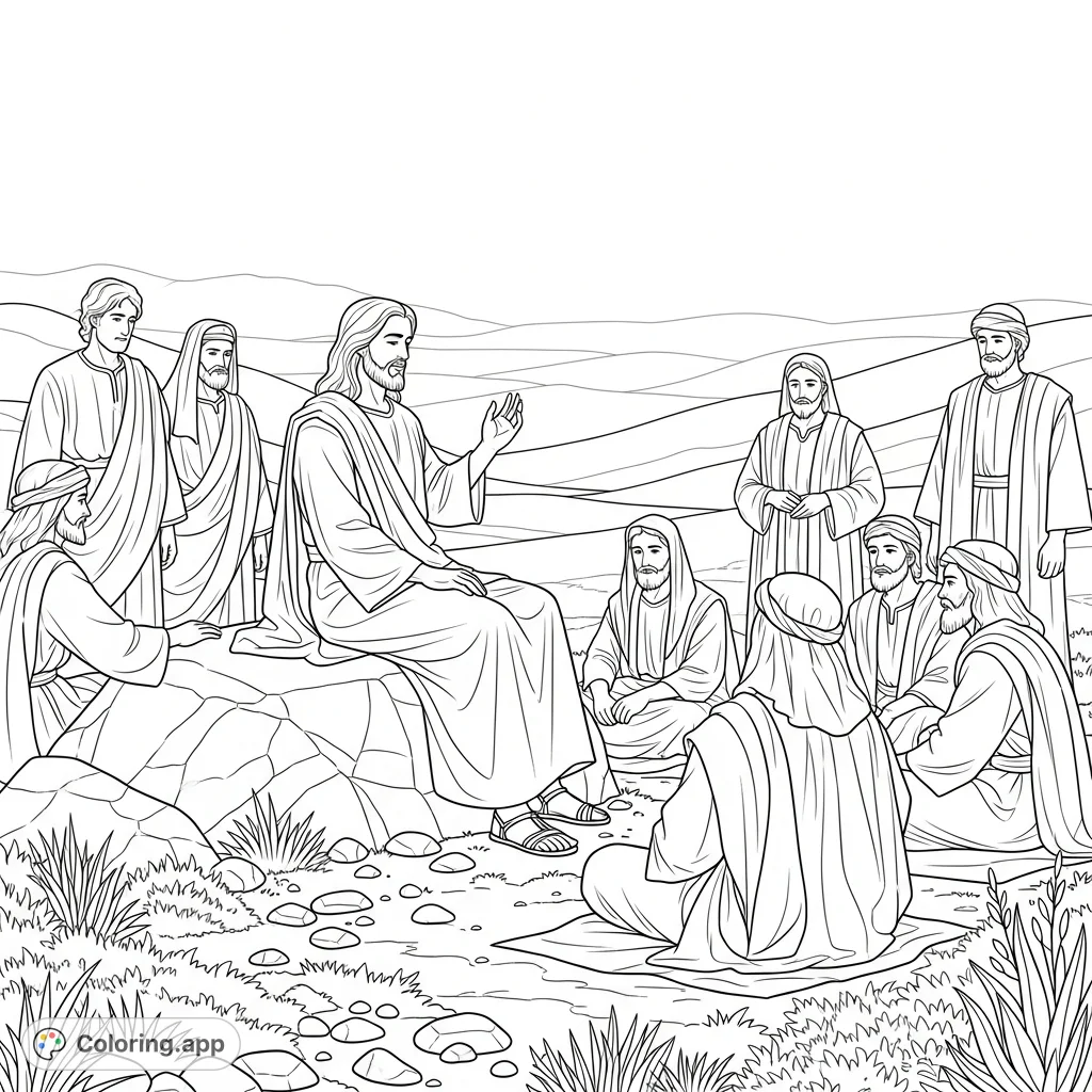 An inspiring Jesus coloring page depicts Christ seated on a rock, speaking to a group of devoted followers in a peaceful, ancient landscape.