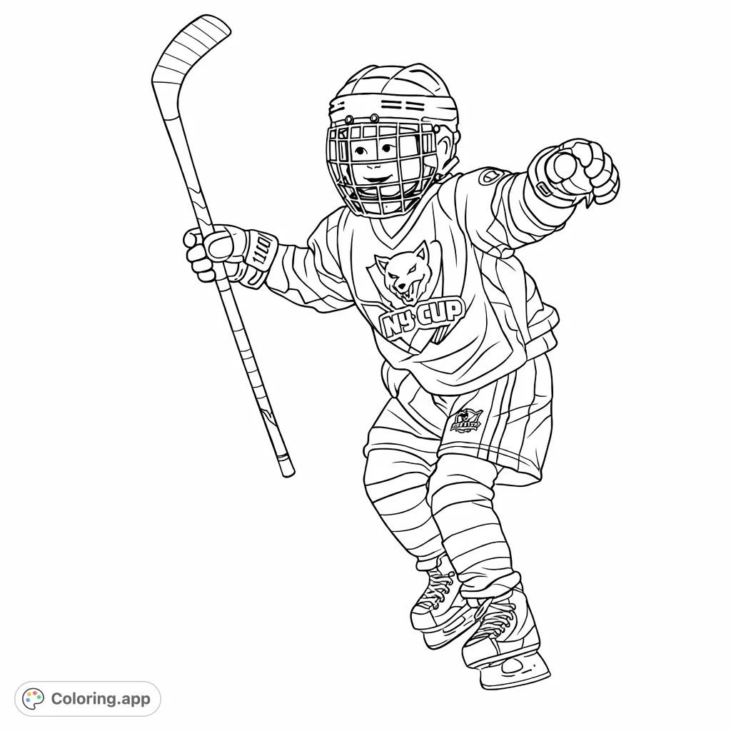 Skate onto the ice with a cheerful young hockey player in full gear. This exciting hockey coloring page captures a moment of triumph and sportsmanship.