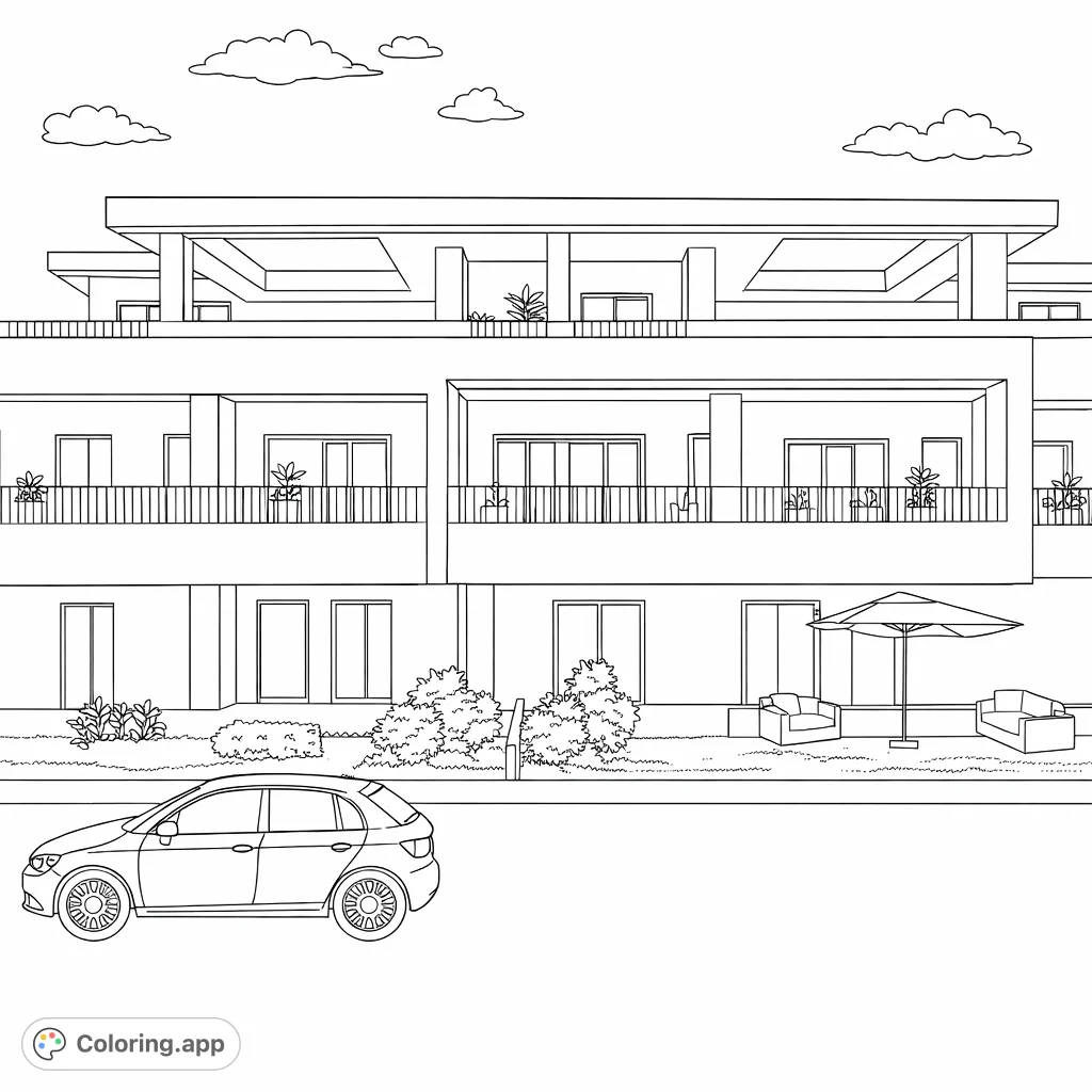 Explore a detailed modern apartment building with geometric lines, balconies, and a serene outdoor space, complete with a parked car.