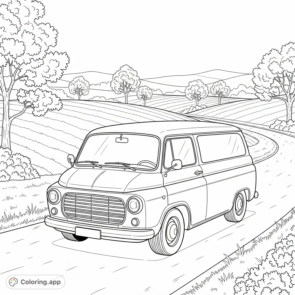 Explore a classic van journeying down a scenic country road, offering a charming escape for all ages. Perfect for creative expression.