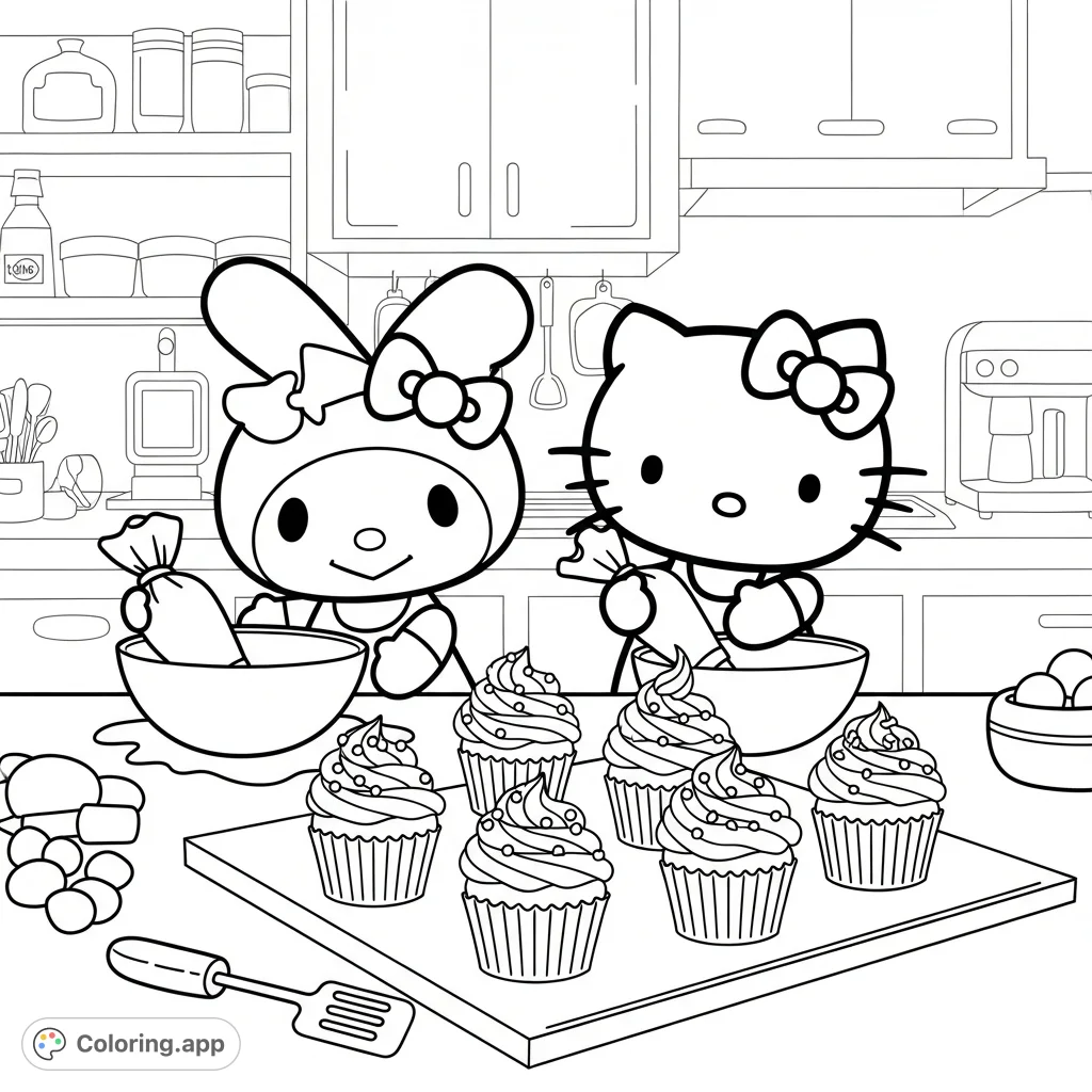Join Hello Kitty and a friend in a delightful kitchen scene, baking and decorating adorable cupcakes with frosting and sprinkles. A sweet Hello Kitty coloring page adventure.