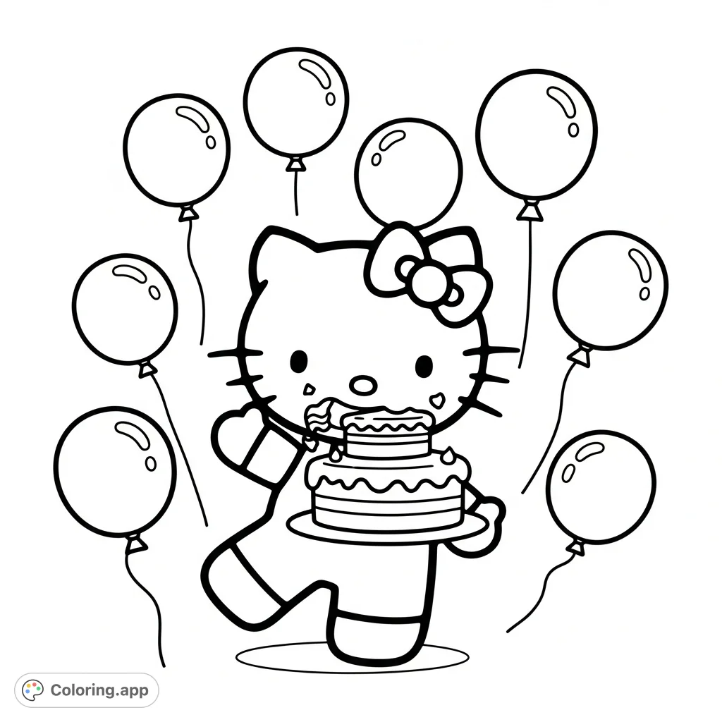 A delightful Hello Kitty coloring page showing the beloved character happily eating a layered cake, waving, and dancing amidst festive balloons.