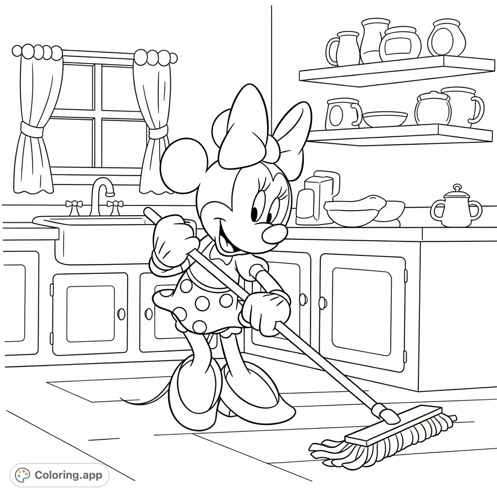 A delightful Minnie Mouse cleaning coloring page featuring Minnie sweeping with a mop in her cheerful kitchen, perfect for Disney fans and kids.