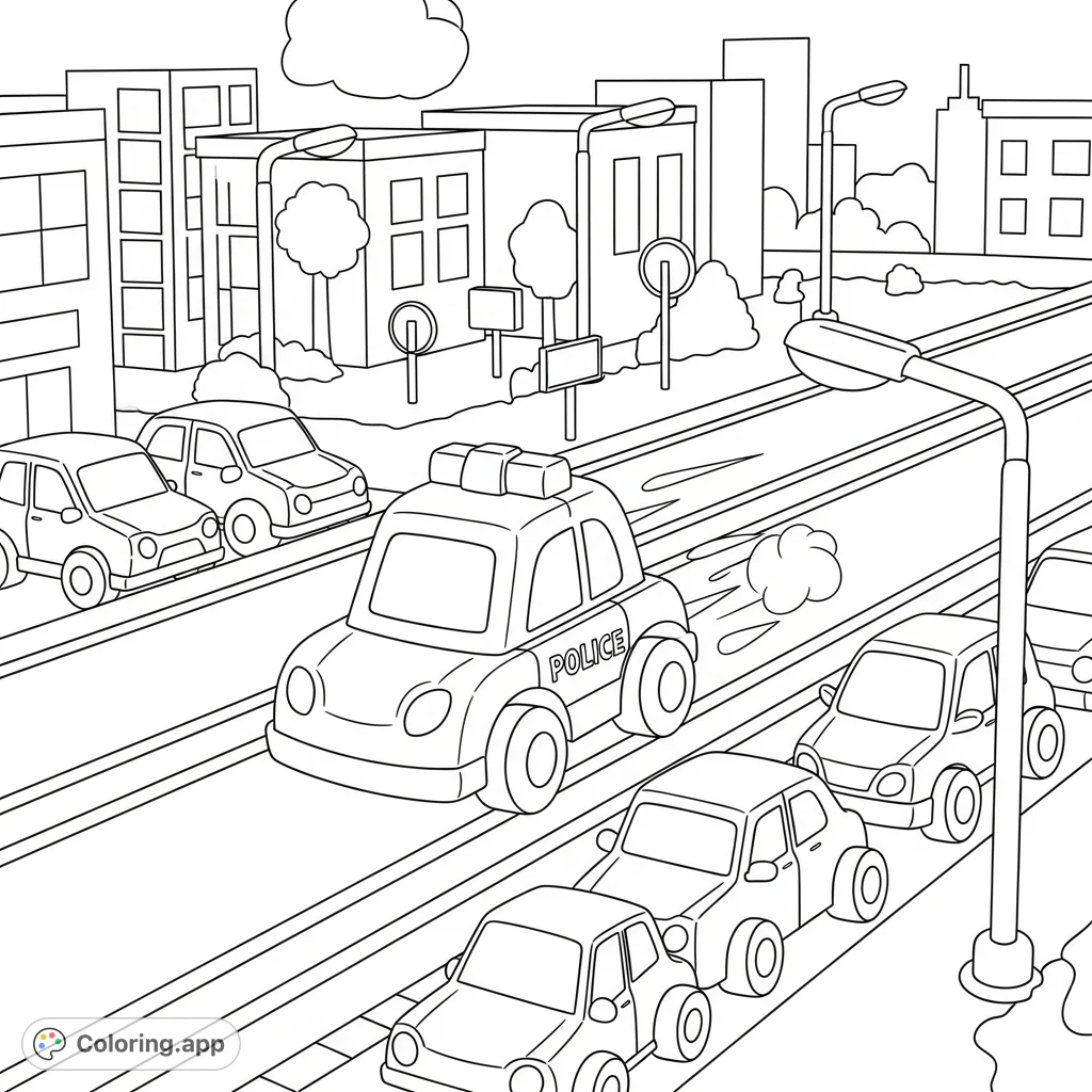 A toy police car races on a busy street-themed car race track, surrounded by miniature parked cars and toy buildings.