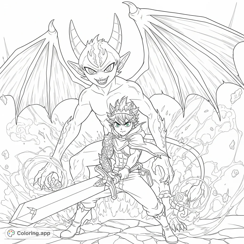 An epic Asta coloring page featuring him in a dynamic pose with his towering demon, Liebe. Unleash your creativity on this powerful scene, perfect for fans!