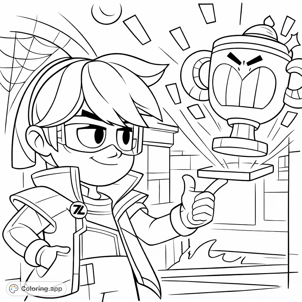 A dynamic character with goggles balances a floating, grinning trophy amidst a futuristic backdrop, perfect for fans of game-inspired heroes.