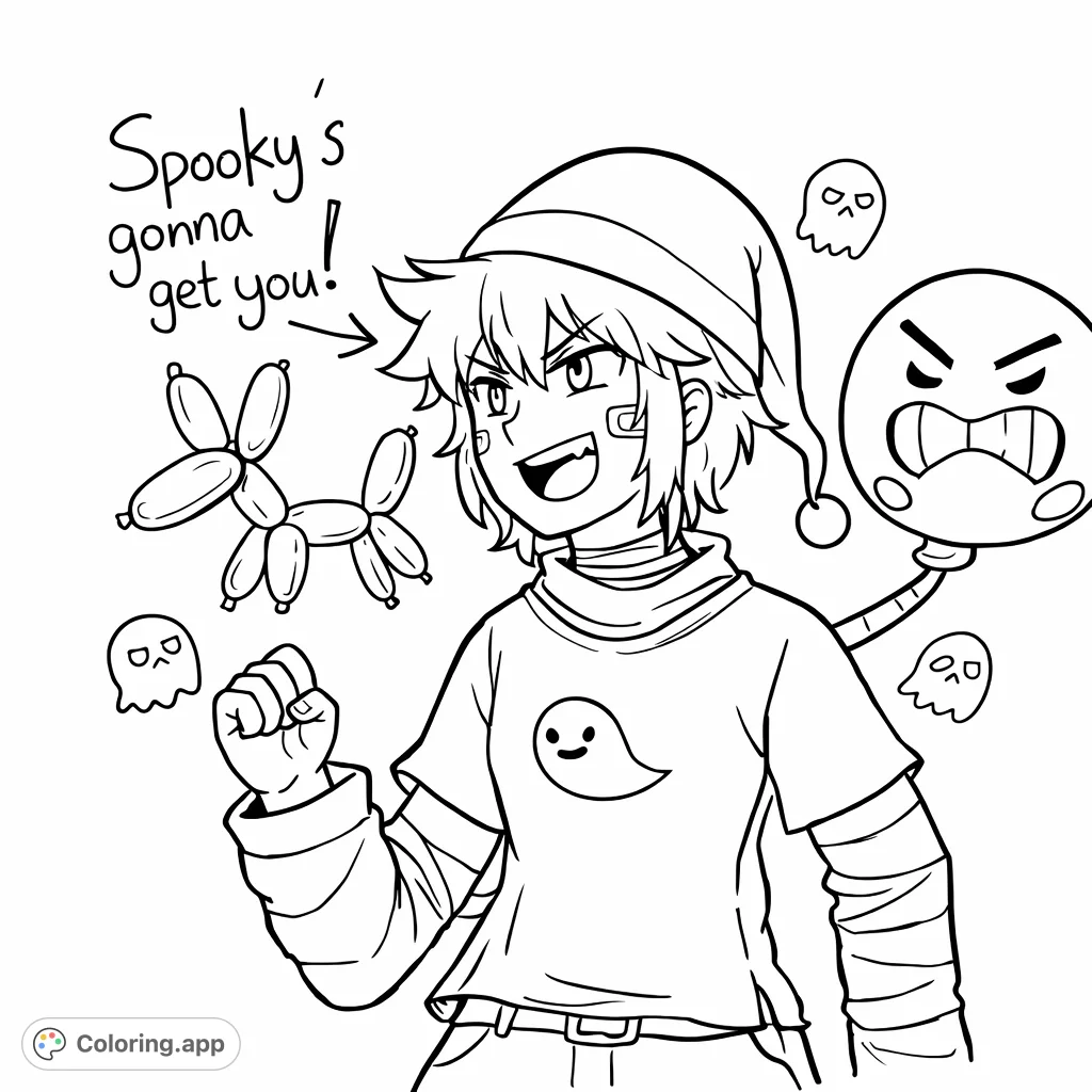 An energetic character with a balloon dog, a mischievous floating friend, and playful ghosts, ready for a fun coloring adventure.