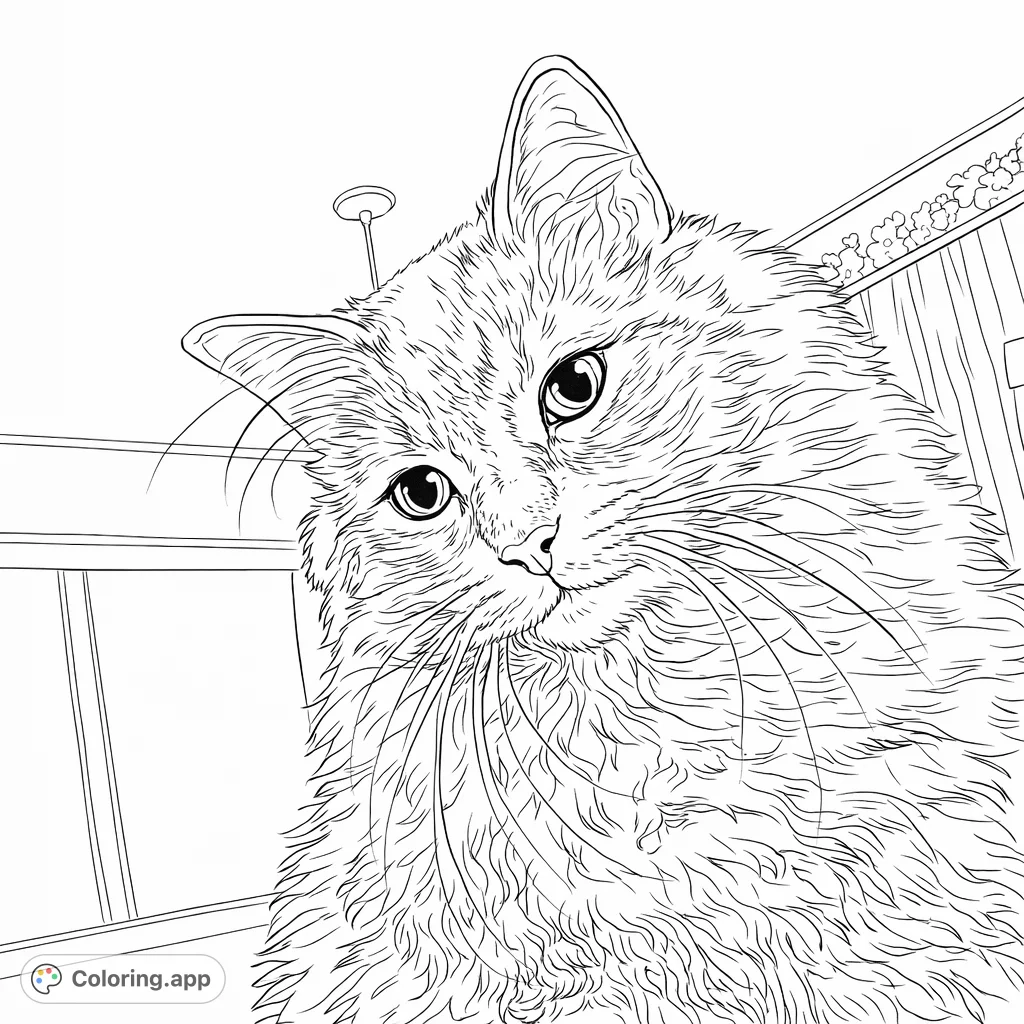 A captivating fluffy cat with expressive eyes and long whiskers, ready for imaginative coloring. Perfect for cat lovers of all ages to enjoy!