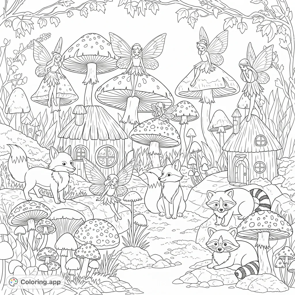 Explore a magical mushroom garden with tiny fairies, playful foxes, and curious raccoons. Discover hidden fairy houses amidst towering fungi in this enchanting scene.