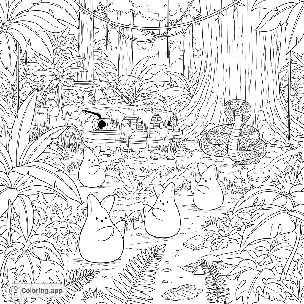 Explore a whimsical tropical rainforest with charming Peeps, an abandoned car reclaimed by nature, and a regal King Cobra, perfect for a unique coloring journey.